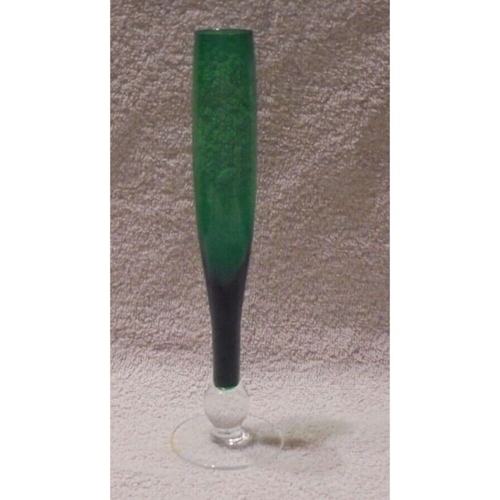 Vintage Emerald Green Clear Glass‎  Bud Vase 8 Inch Tall  Mid Century Modern